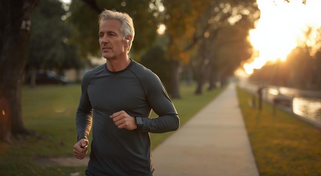 Middle aged man running outside at dusk
