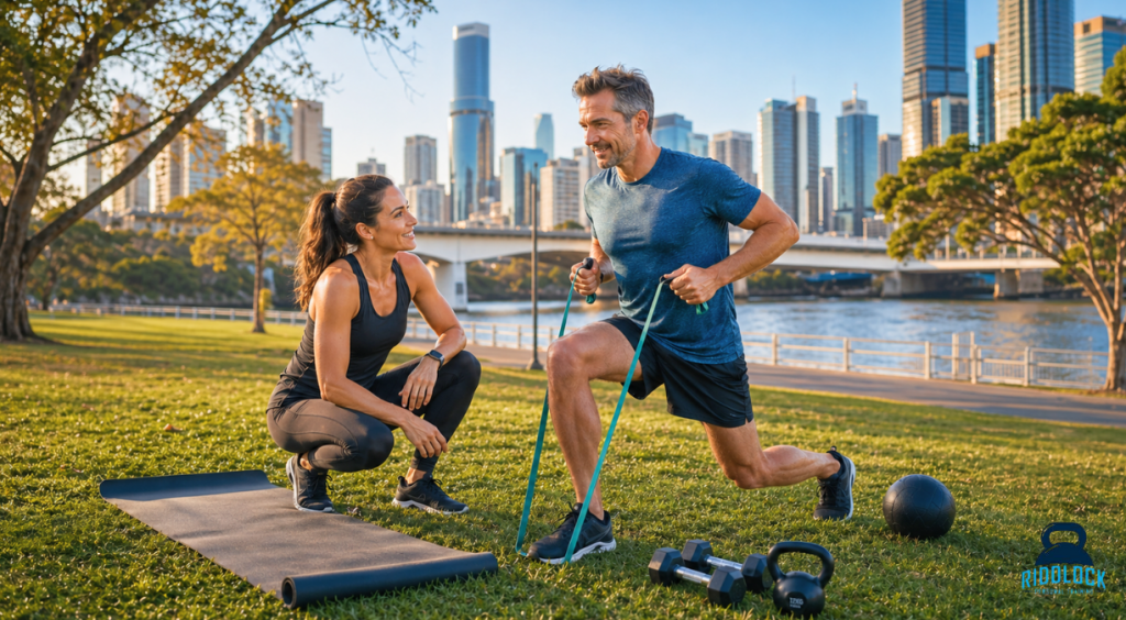 Mobile personal training session in Brisbane's South Bank, featuring a 40-year-old man performing lunges with a trainer to prepare for May 2026 sports events.