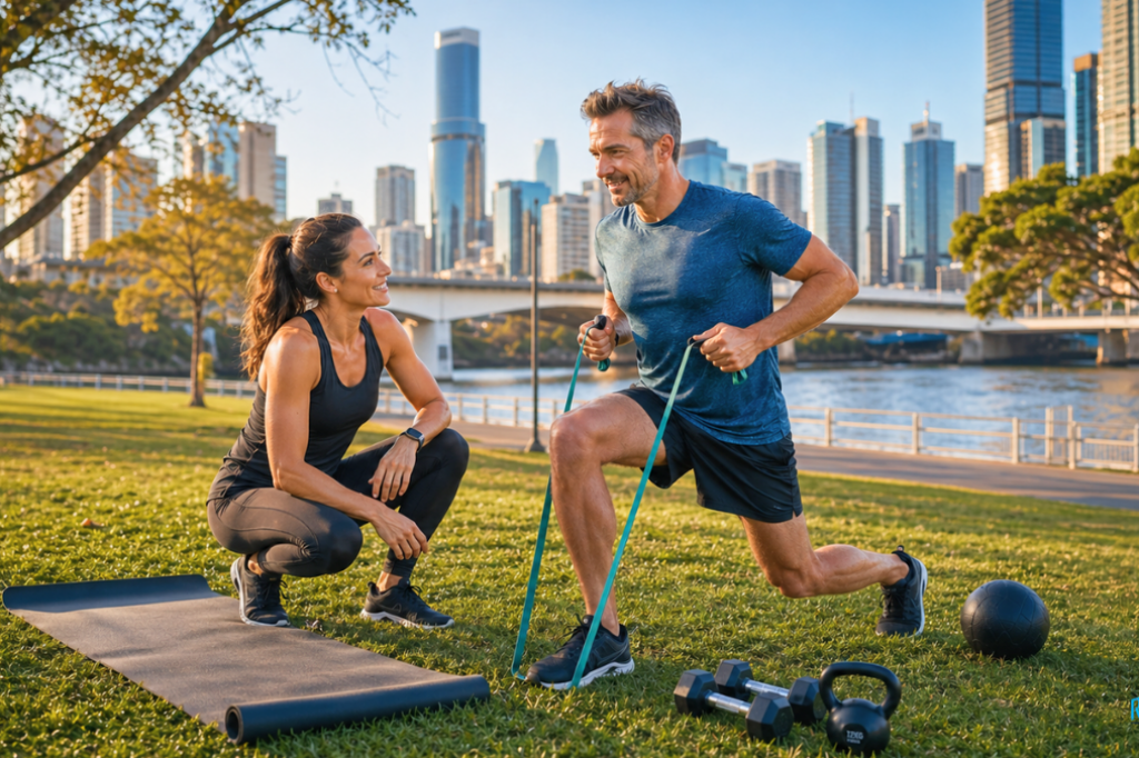 Mobile personal training session in Brisbane's South Bank, featuring a 40-year-old man performing lunges with a trainer to prepare for May 2026 sports events.