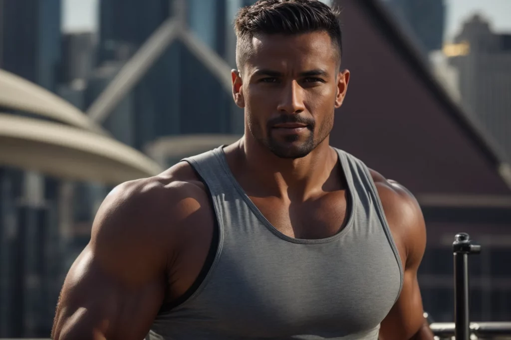 Create an image showcasing a confident, experienced mobile personal trainer in Brisbane, motivating clients outdoors amidst the city’s iconic landmarks. The trainer’s dynamic presence and personalized workout sessions exude trust and professionalism.