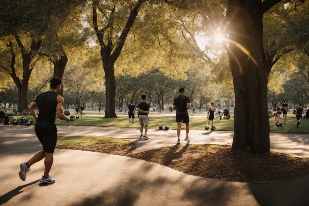 a mobile personal trainer guides a client through exercises in a bustling city park during a sunny afternoon.